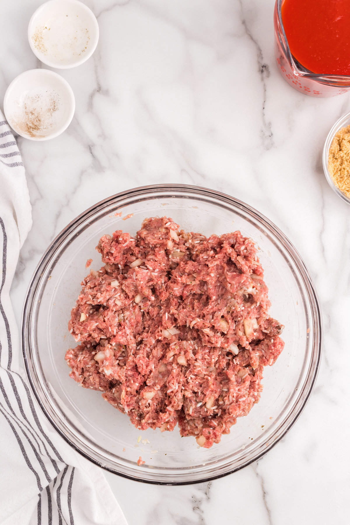 Combined Porcupine Meatballs ingredients in mixing bowl