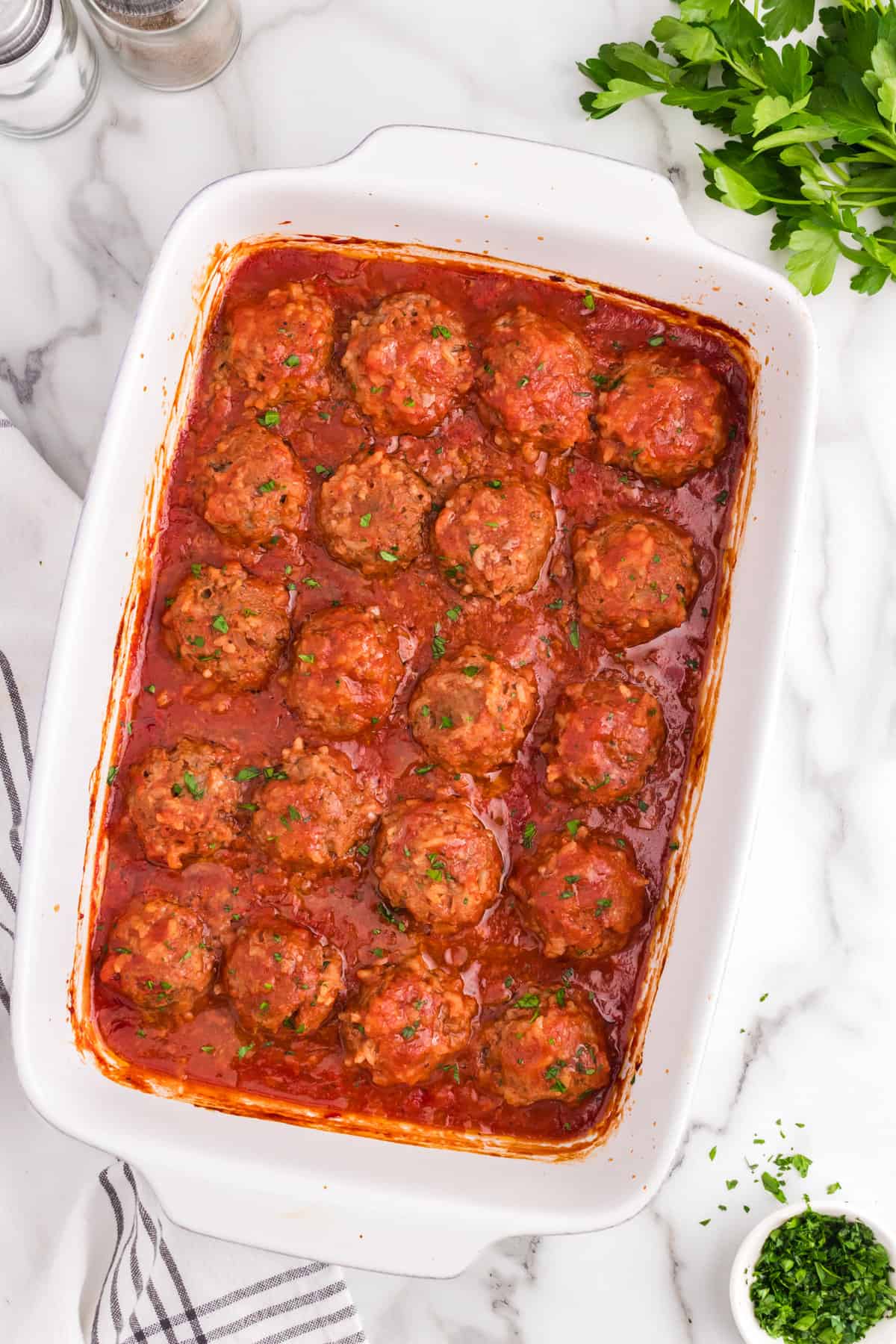 Porcupine Meatballs in 9x13 baking dish hot out of the oven