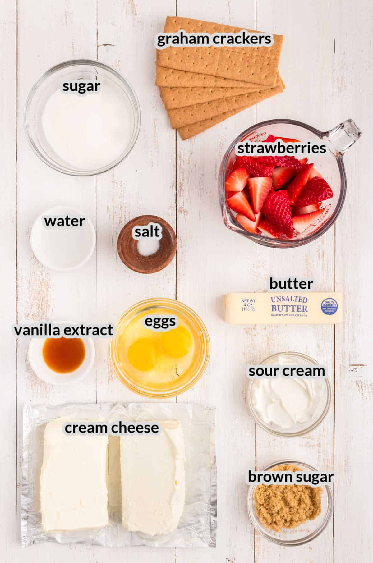 Overhead Image of Strawberry Cheesecake Bars Ingredients