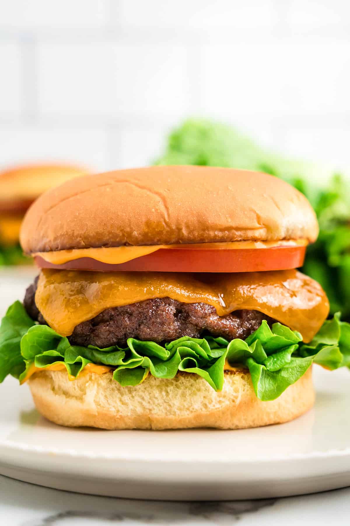 Baked Hamburger loaded with toppings on bun ready to enjoy