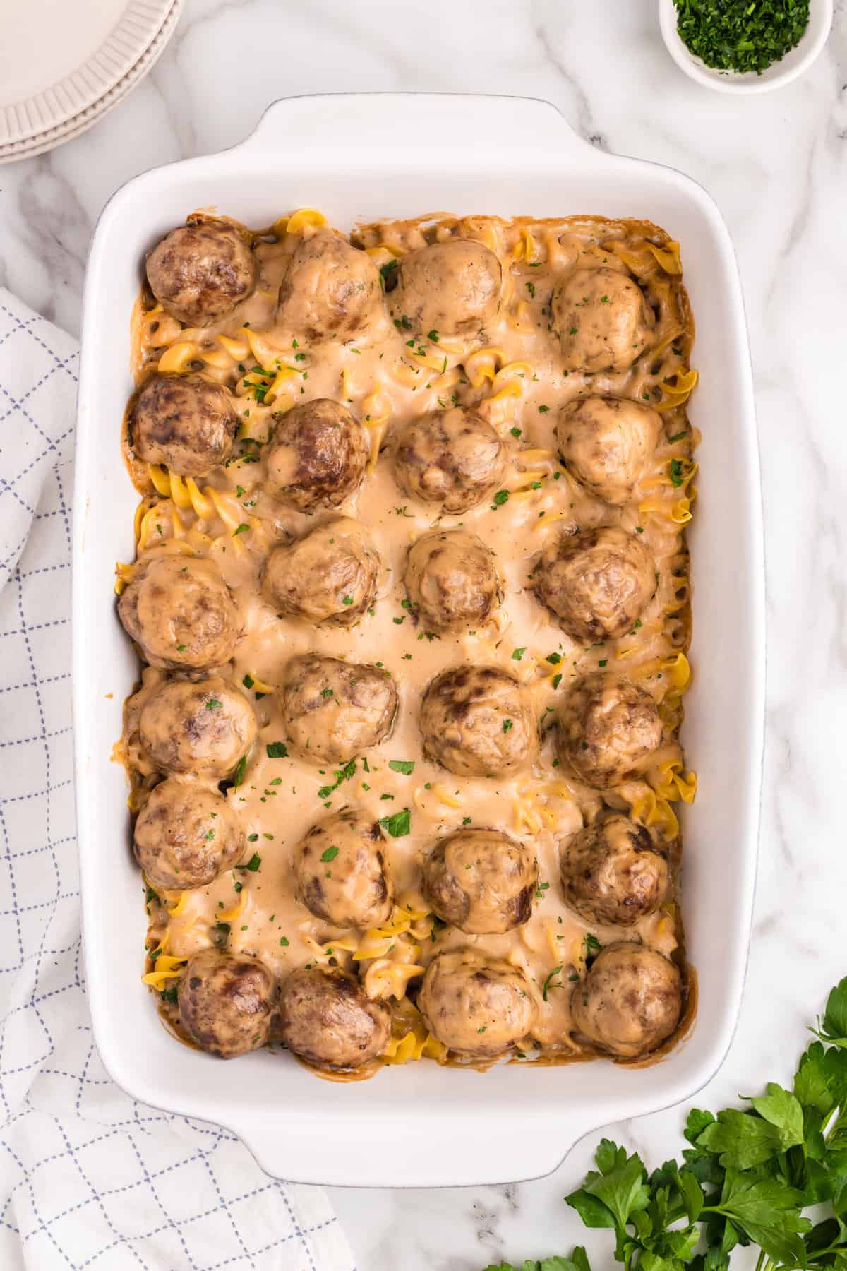 Baked Swedish Meatball Casserole in baking dish