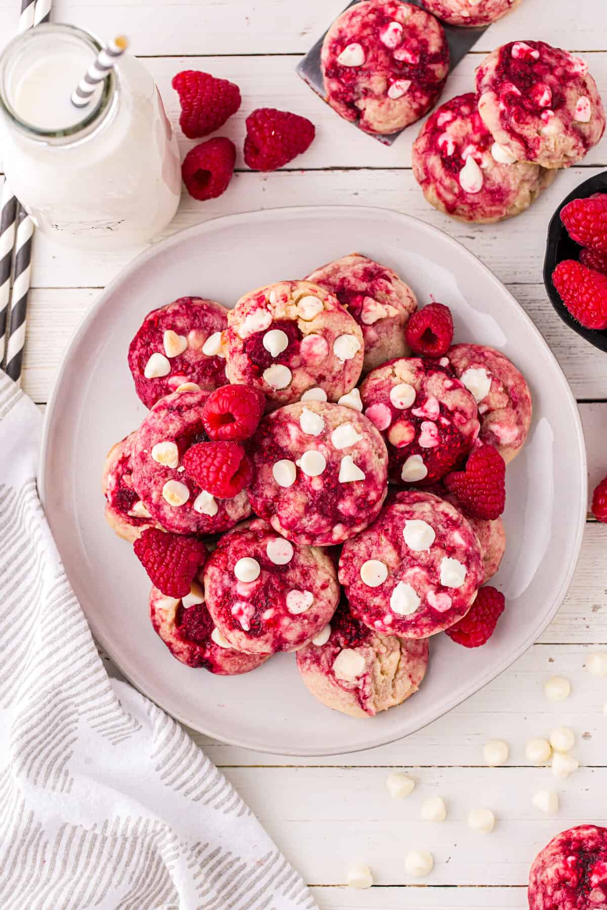 White Chocolate Raspberry Cookies arranged on serving plate