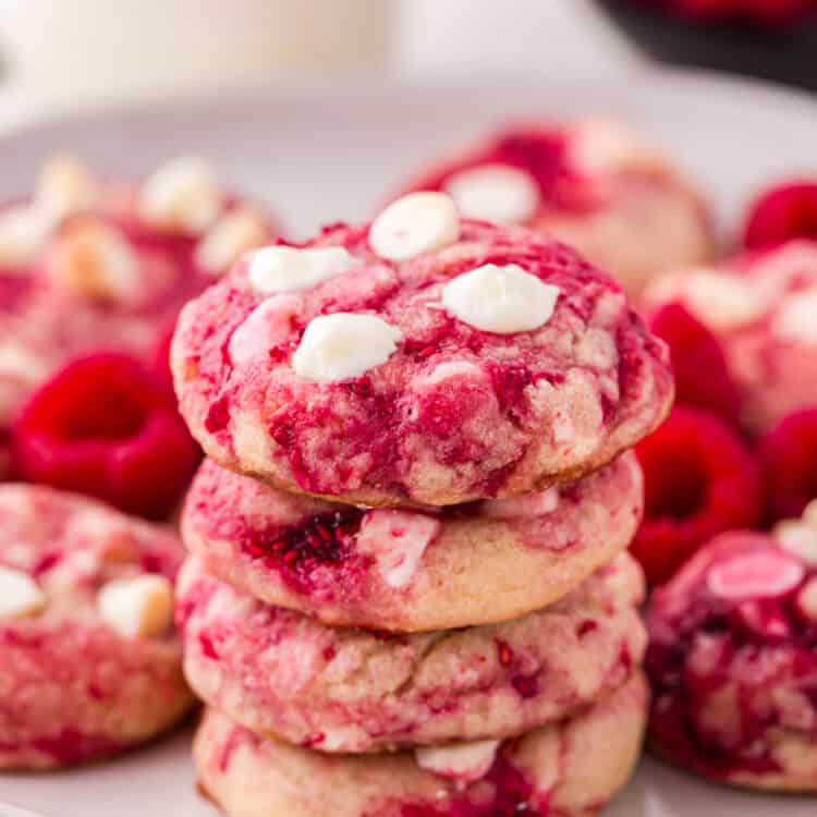 Raspberry White Chocolate Cookies stacked on serving plate