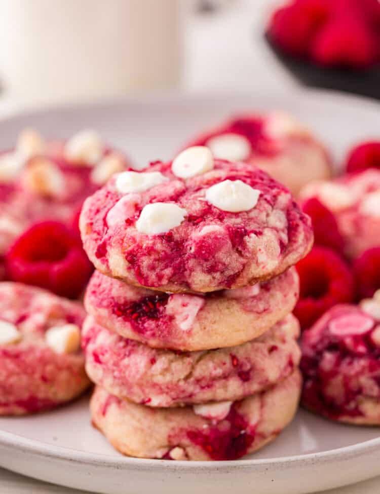 Raspberry White Chocolate Cookies stacked on serving plate