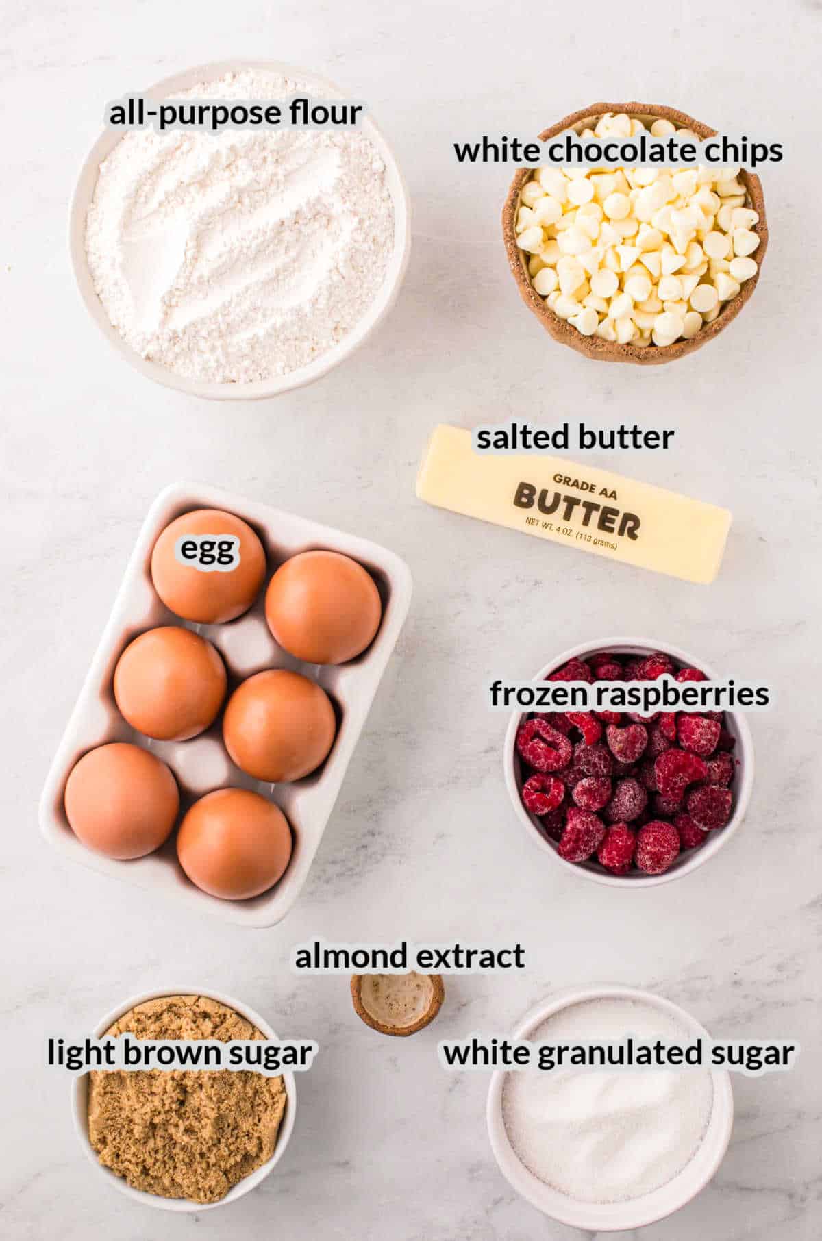 Overhead Image of White Chocolate Raspberry Cookies Ingredients