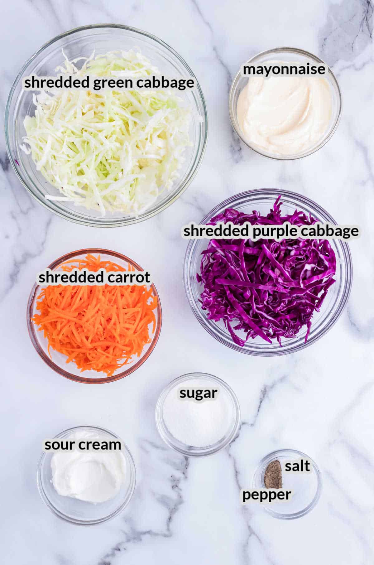 Overhead Image of Creamy Coleslaw Ingredients