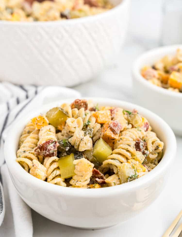 Dill Pickle Pasta Salad in white bowl