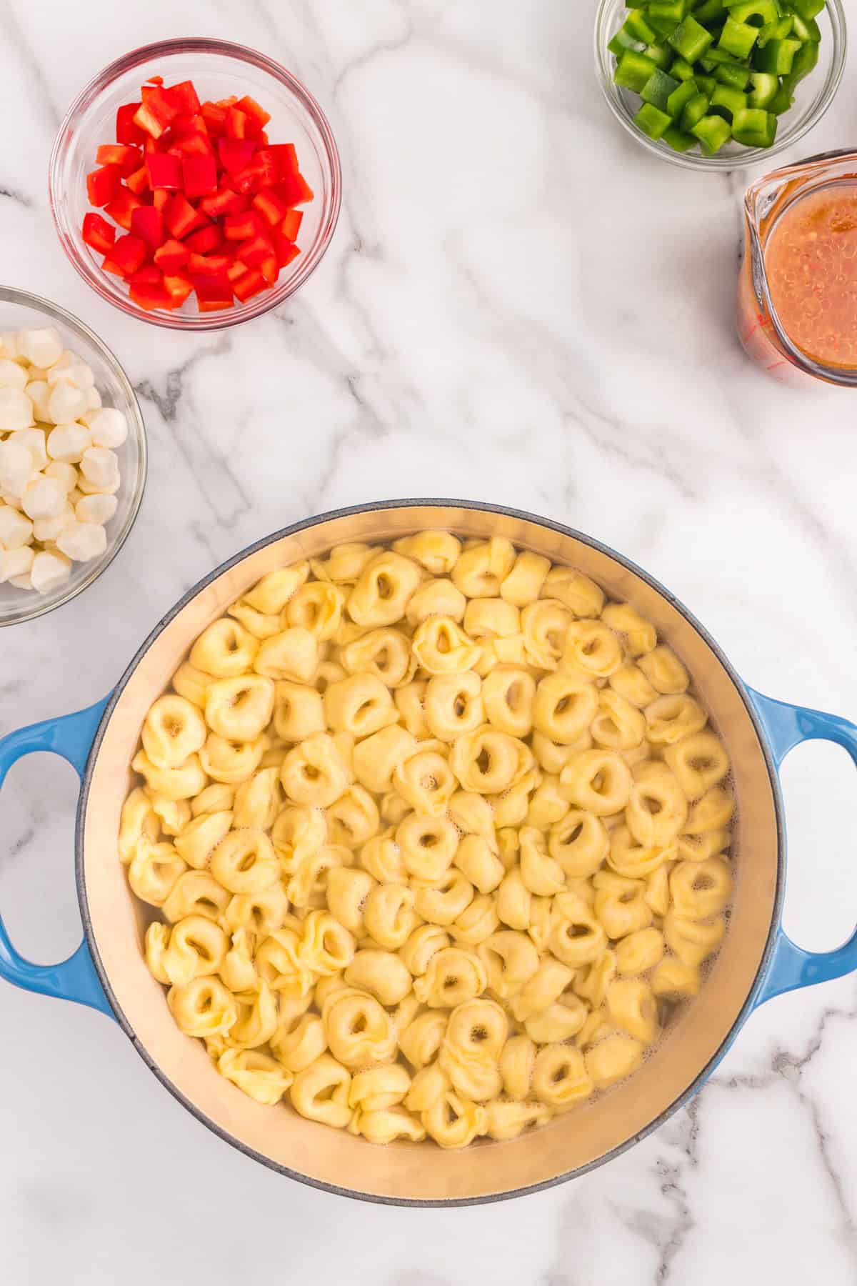 Dry tortellini pasta in stock pot for boiling for Tortellini Pasta Salad recipe
