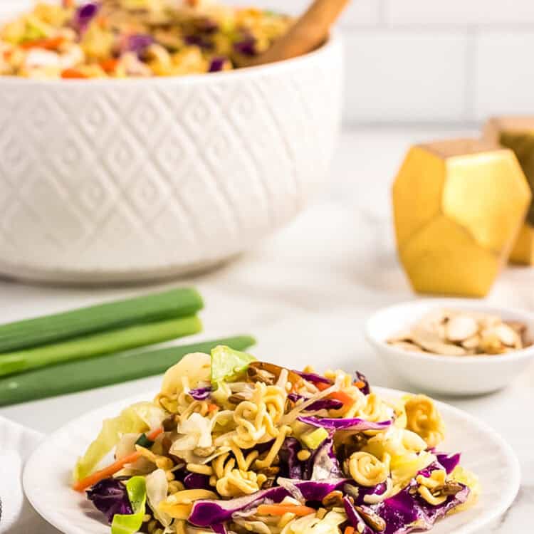 Asian Ramen Salad in large serving bowl and also in smaller bowl