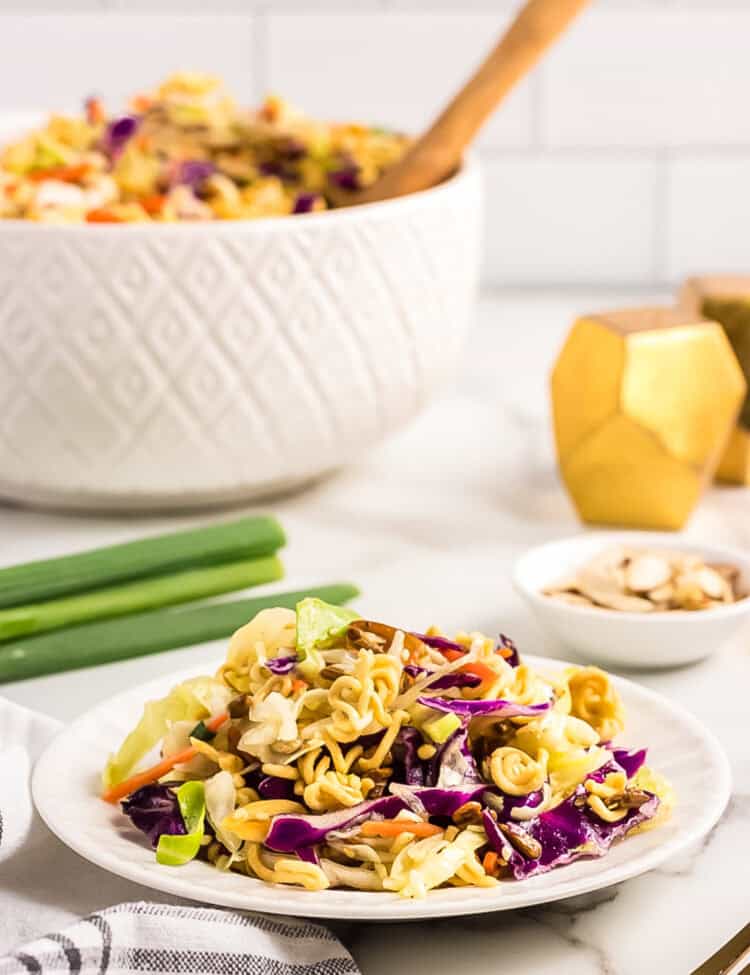 Asian Ramen Salad in large serving bowl and also in smaller bowl