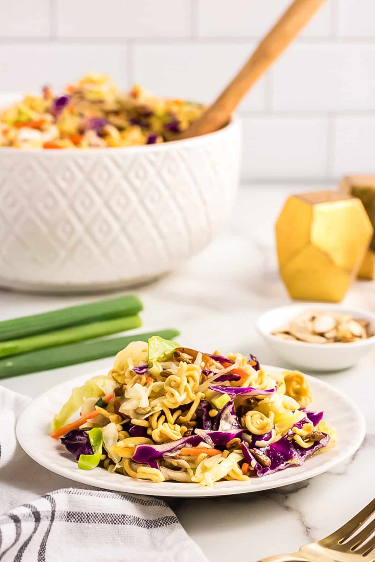 Asian Ramen Salad in large serving bowl and also in smaller bowl