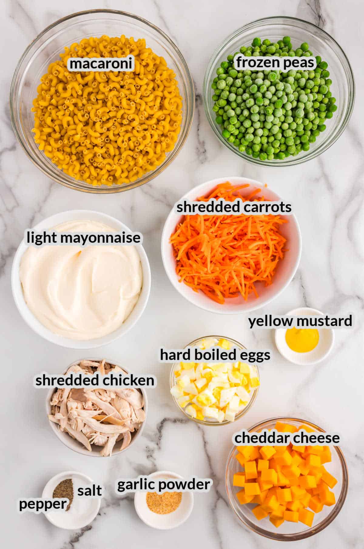 Overhead Image of Chicken Macaroni Salad Ingredients