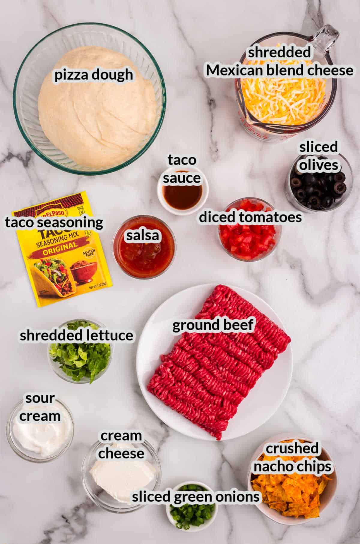 Overhead Image of Taco Pizza Ingredients