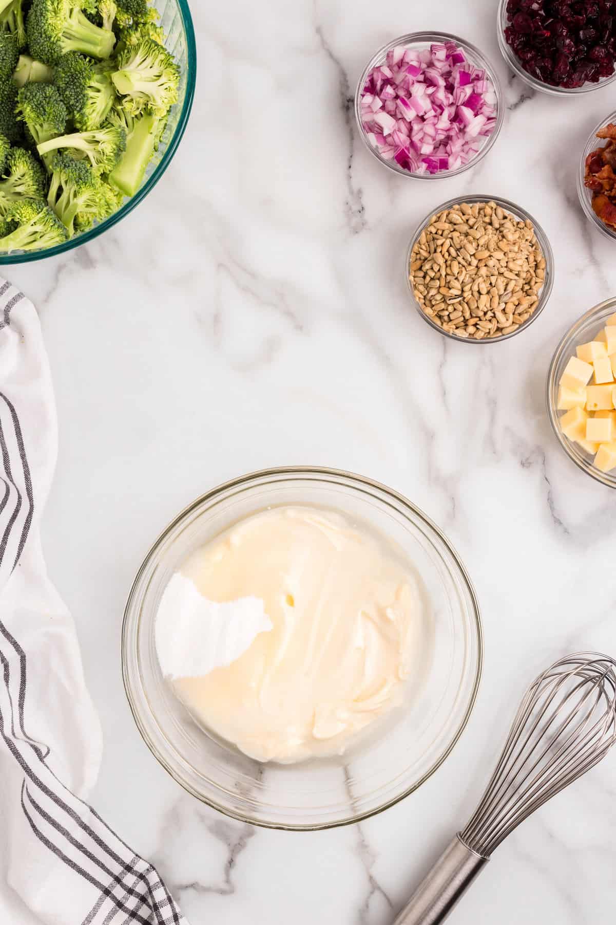 Broccoli Salad dressing ingredients in small glass mixing bowl