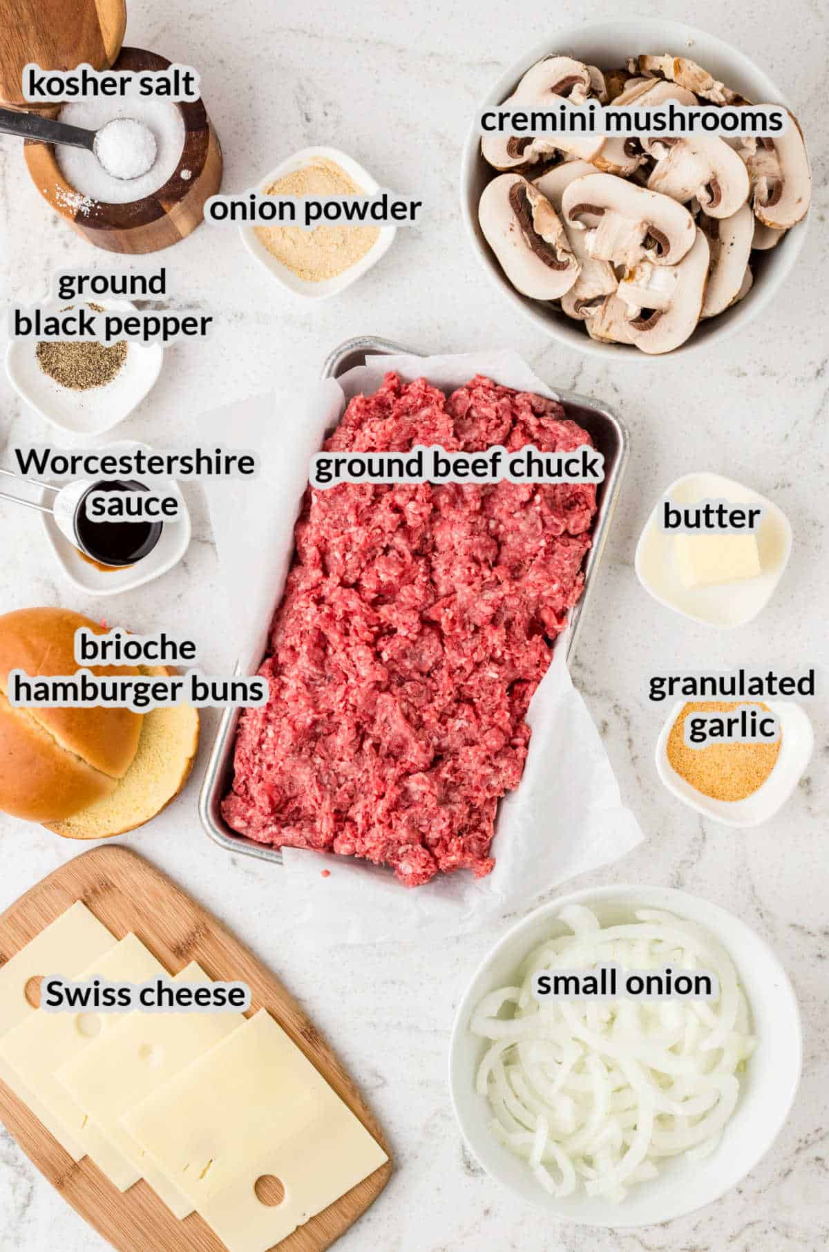 Overhead Image of Mushroom Swiss Burger Ingredients