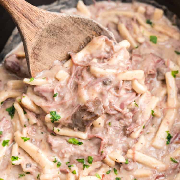 Crock Pot Beef and Noodles in Black Crock Pot