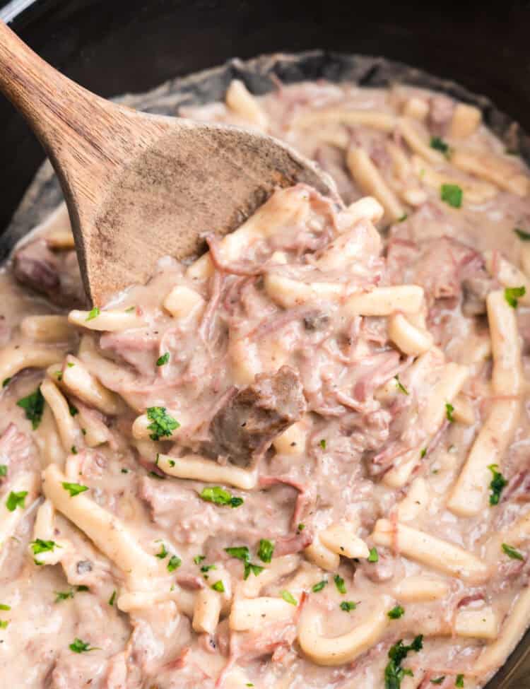Crock Pot Beef and Noodles in Black Crock Pot