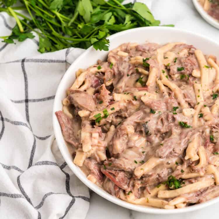 Crock Pot Beef and Noodles in large serving bowl