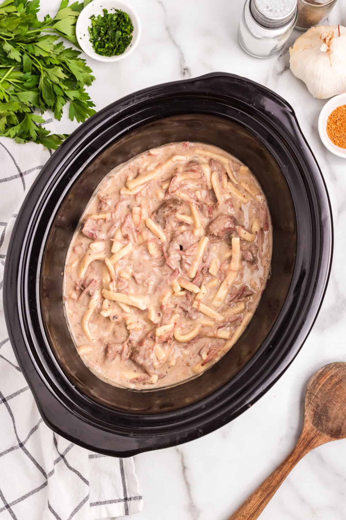 Crock Pot Beef and Noodles fully cooked and ready to enjoy