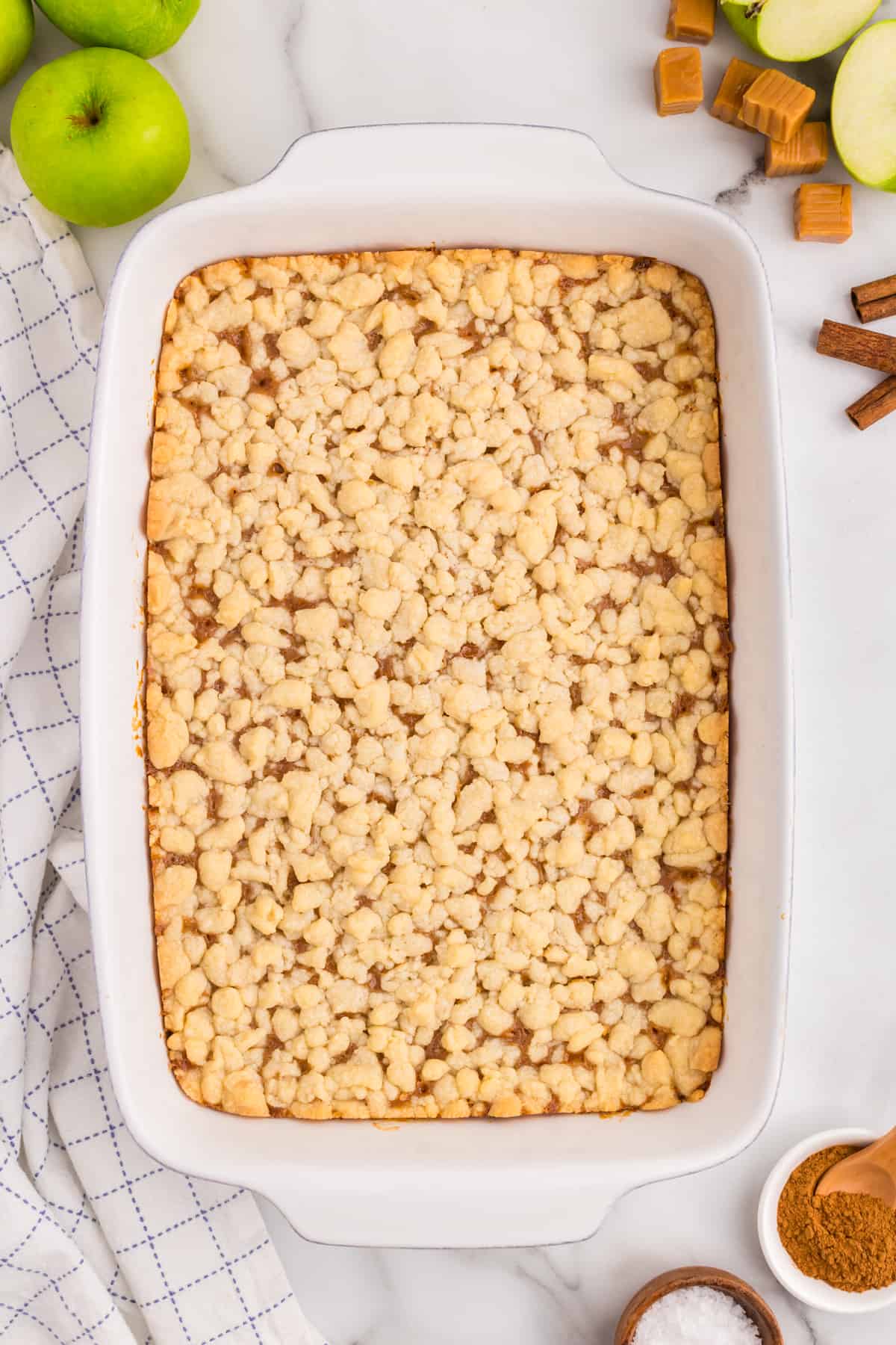 Salted Caramel Apple Butter Bars in 9x13 baking dish