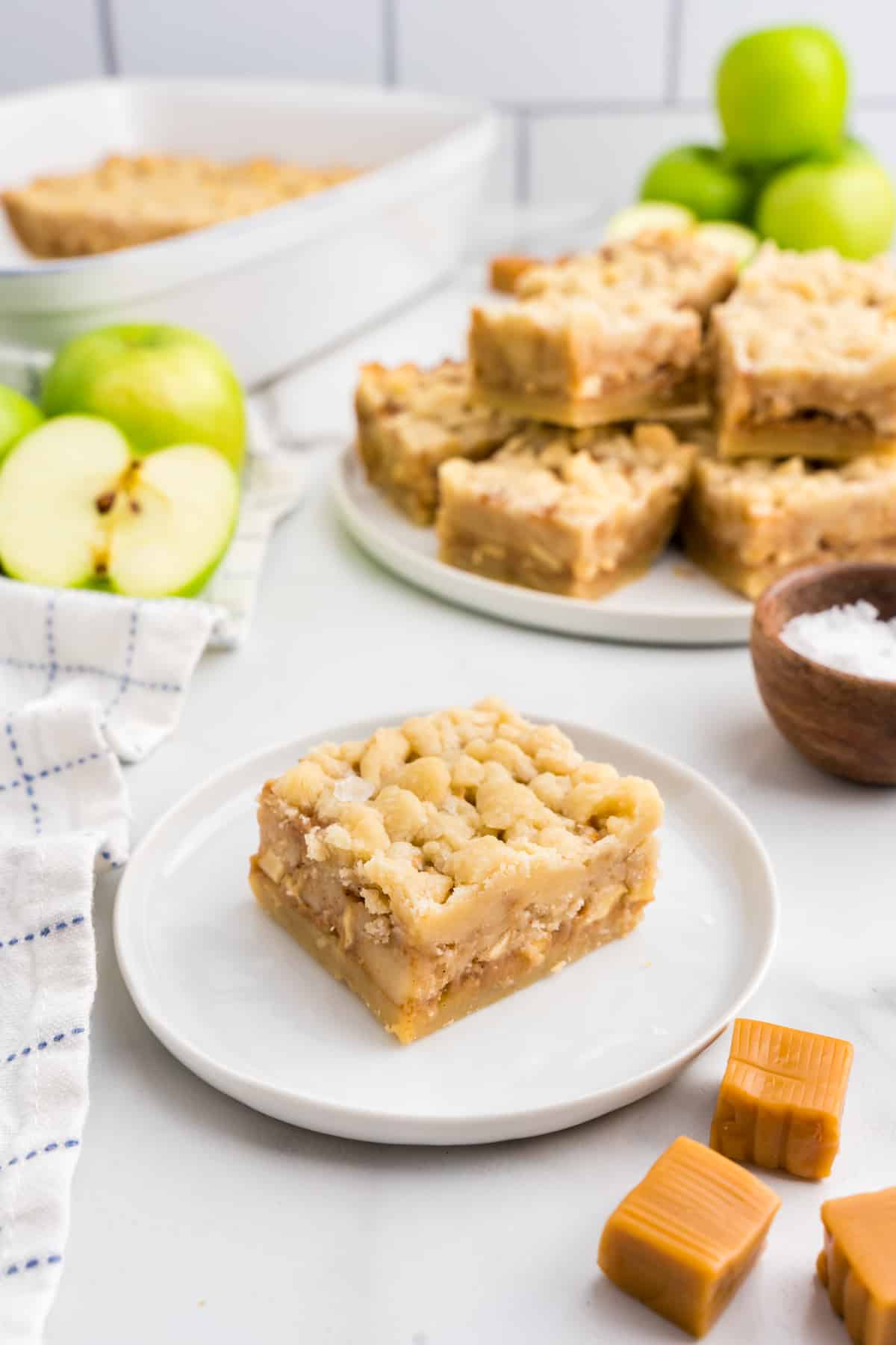 Salted Caramel Apple Butter Bars cut into square on plate ready to enjoy