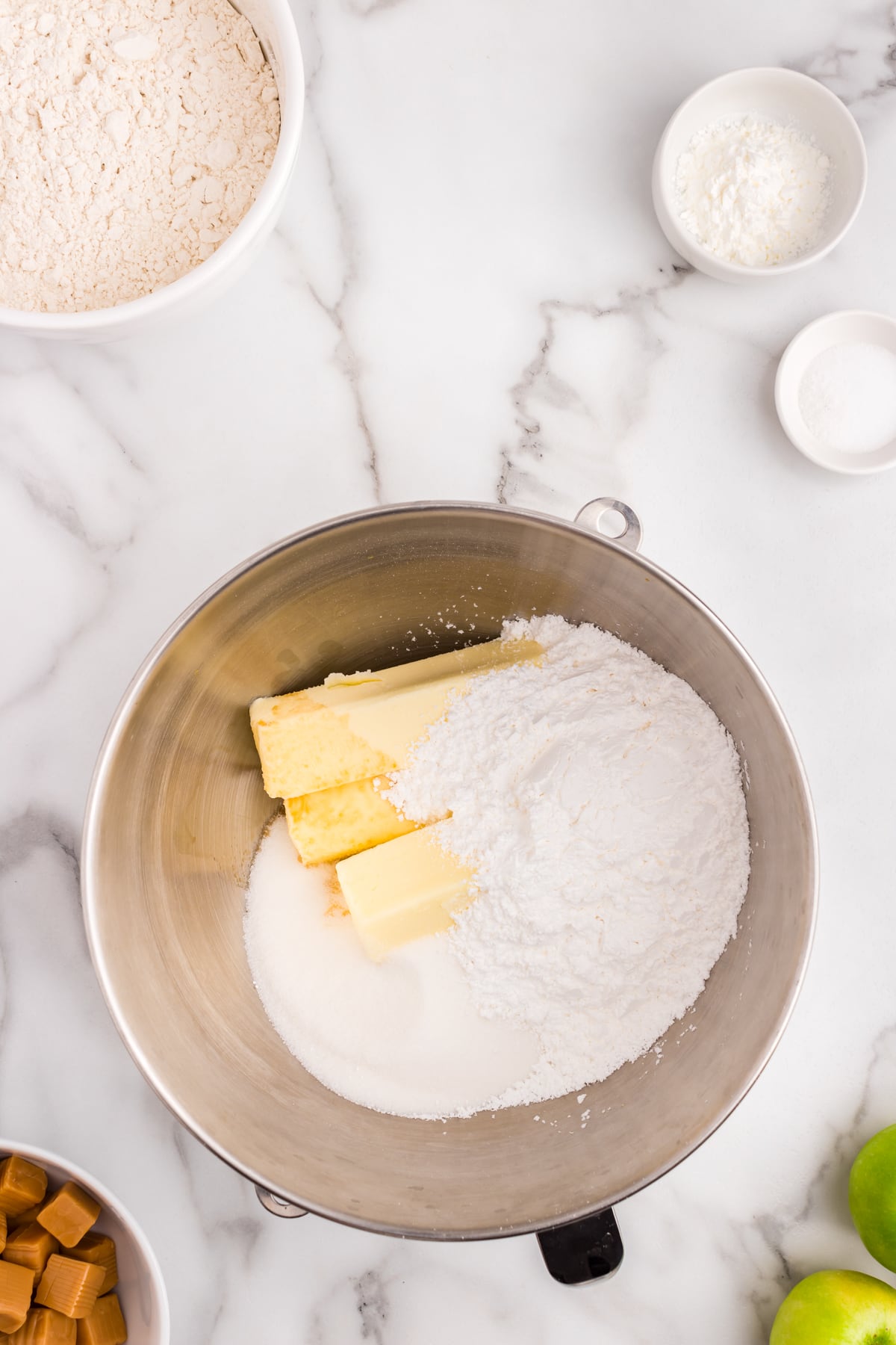 Creaming together butter and sugars for Salted Caramel Apple Butter Bars recipe
