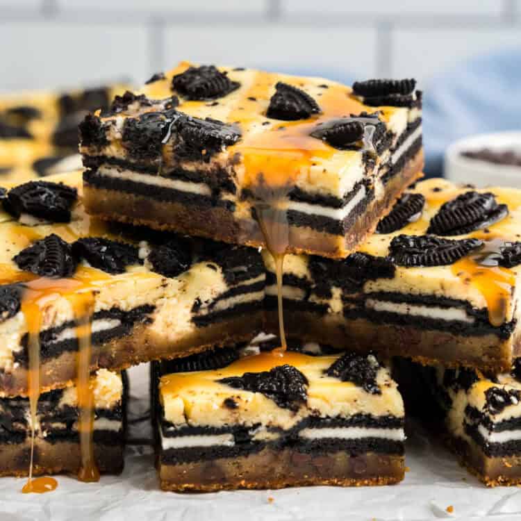 Closeup square image of Slutty Cheesecake Bars