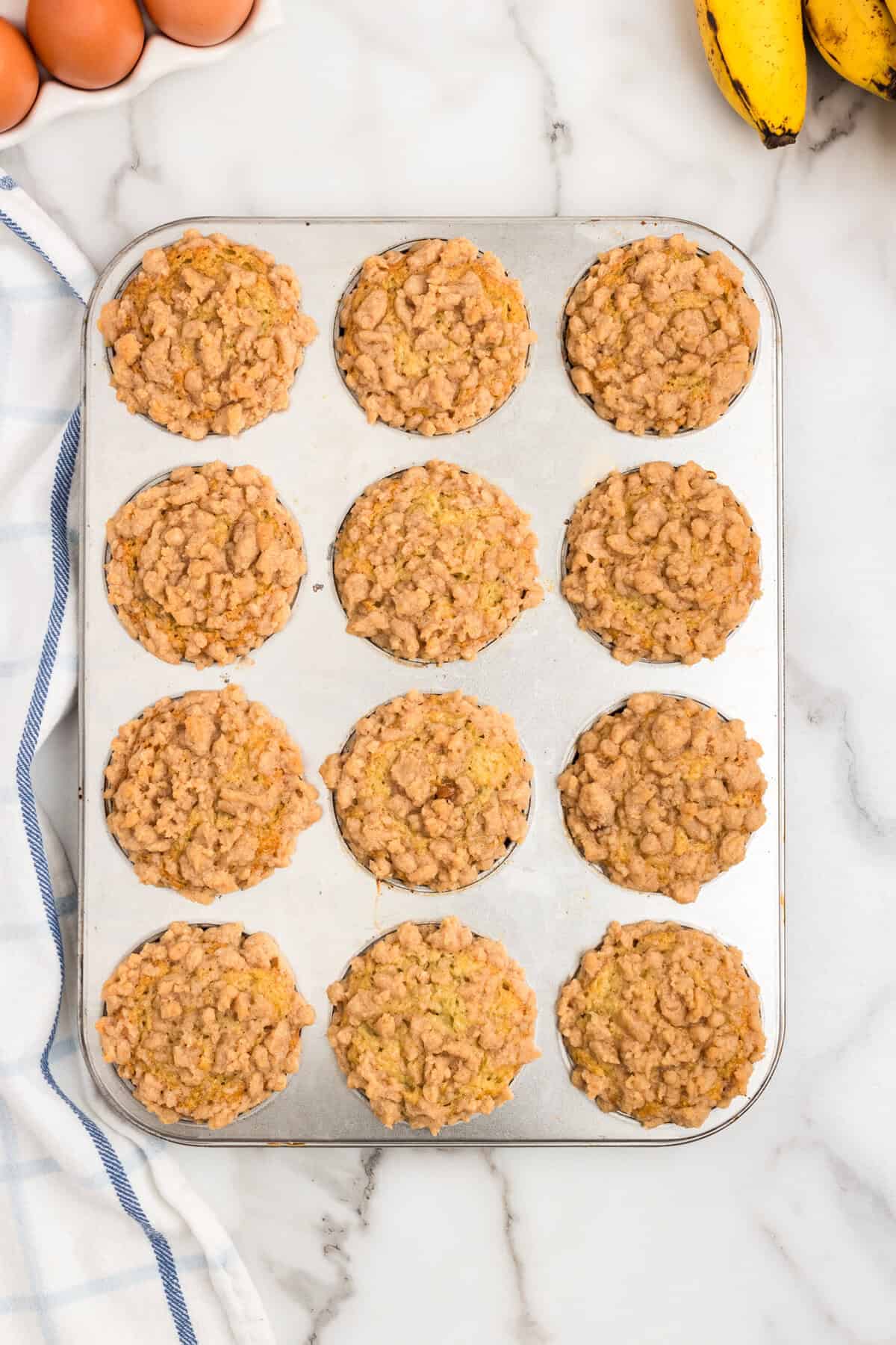 Banana Crumb Muffins in tins just out of the oven