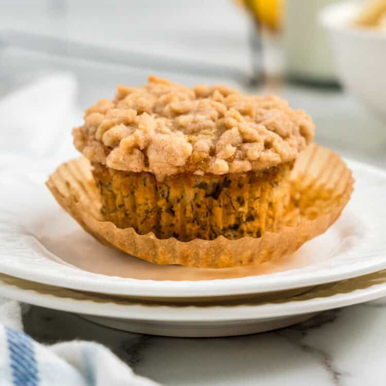 Closeup square image of Banana Crumb Muffins