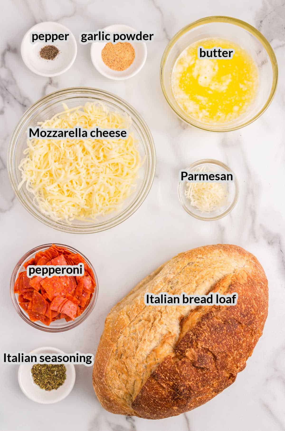 Overhead Image of Pull Apart Pizza Bread Ingredients