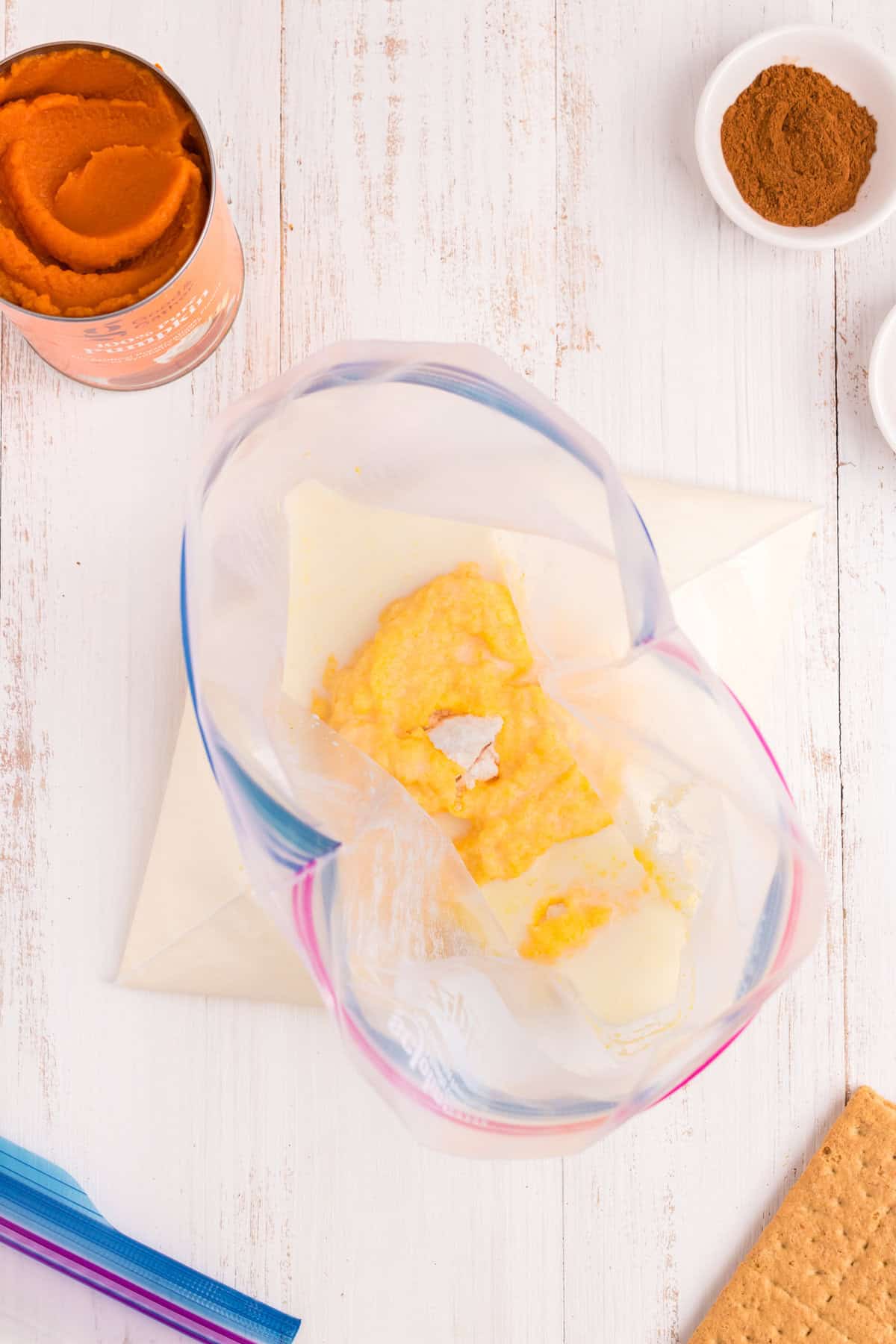 Wet ingredients for Pumpkin Pie in a Bag in gallon zip lock bag