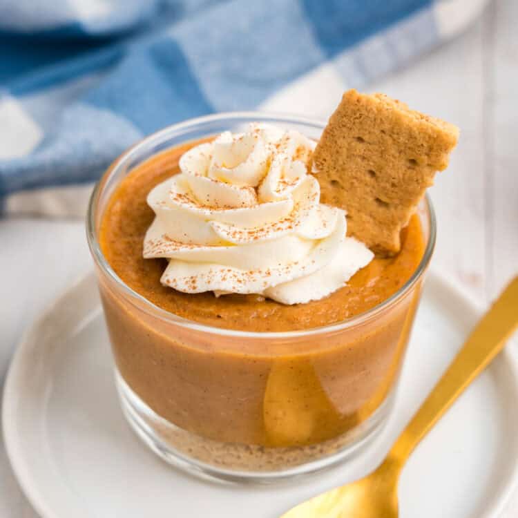 Closeup image of Pumpkin Pie in a a Bag recipe in small serving cup with gold spoon