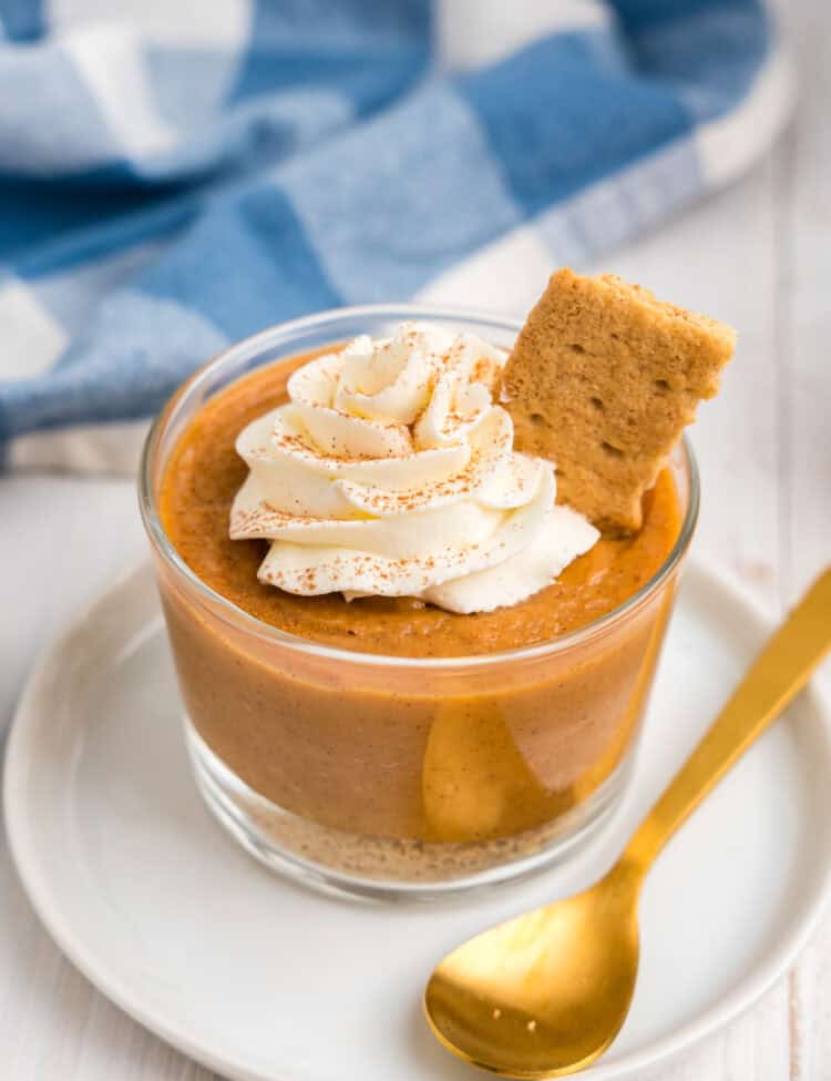 Closeup image of Pumpkin Pie in a a Bag recipe in small serving cup with gold spoon