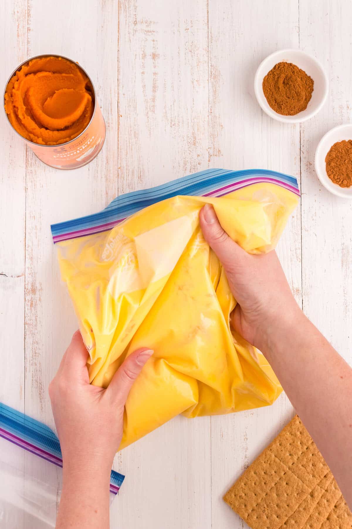With the zip lock gallon bag secured shut, kneading ingredients with hands for the Pumpkin Pie in a Bag recipe