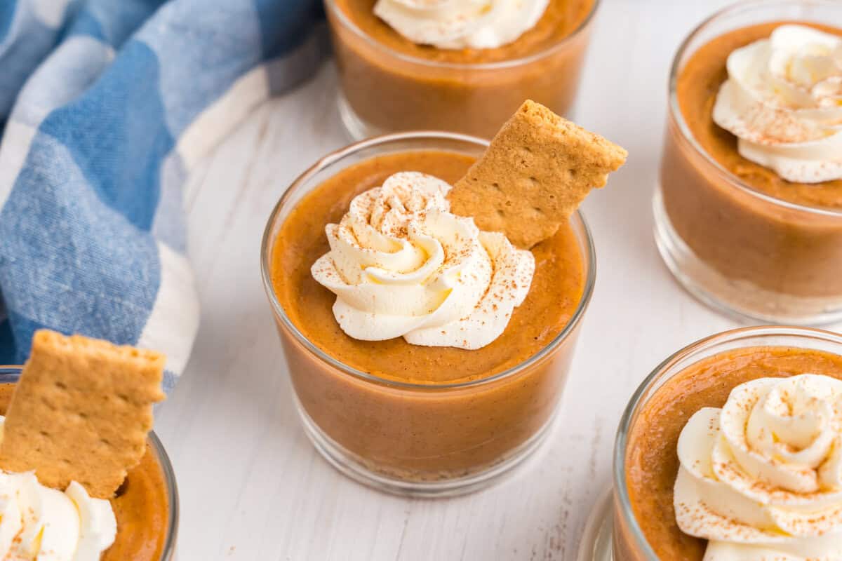 Pumpkin Pie in a Bag recipe in small serving cups arranged on tray