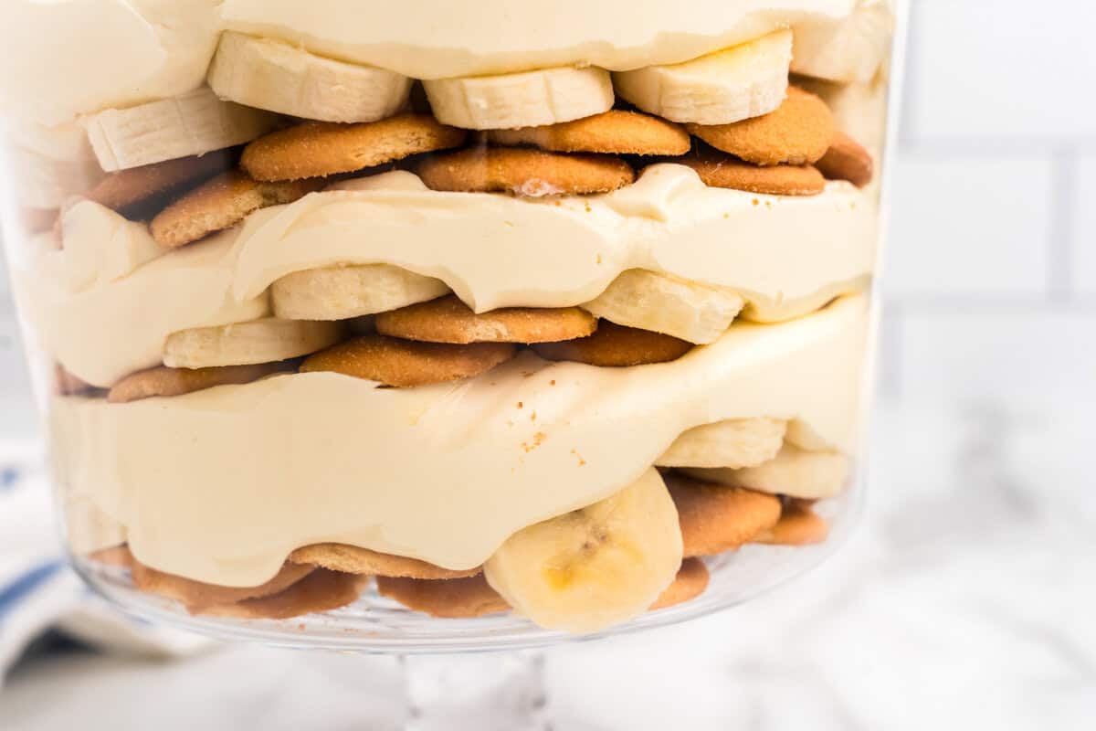 Side profile of Banana Pudding in serving footed glass bowl