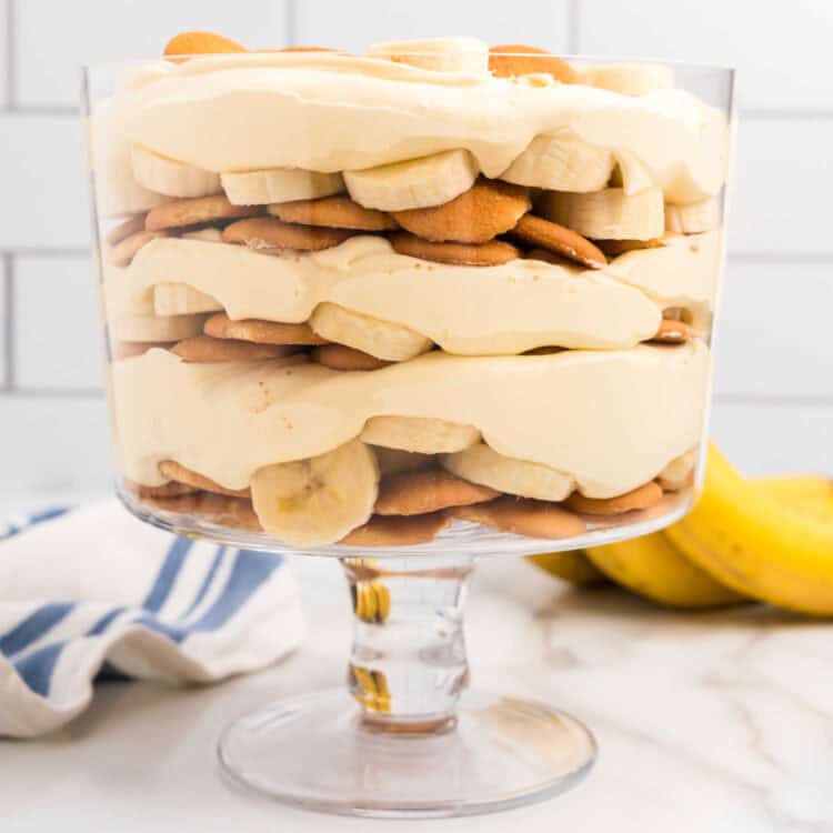 Closeup Square Image of Banana Pudding in Footed Bowl