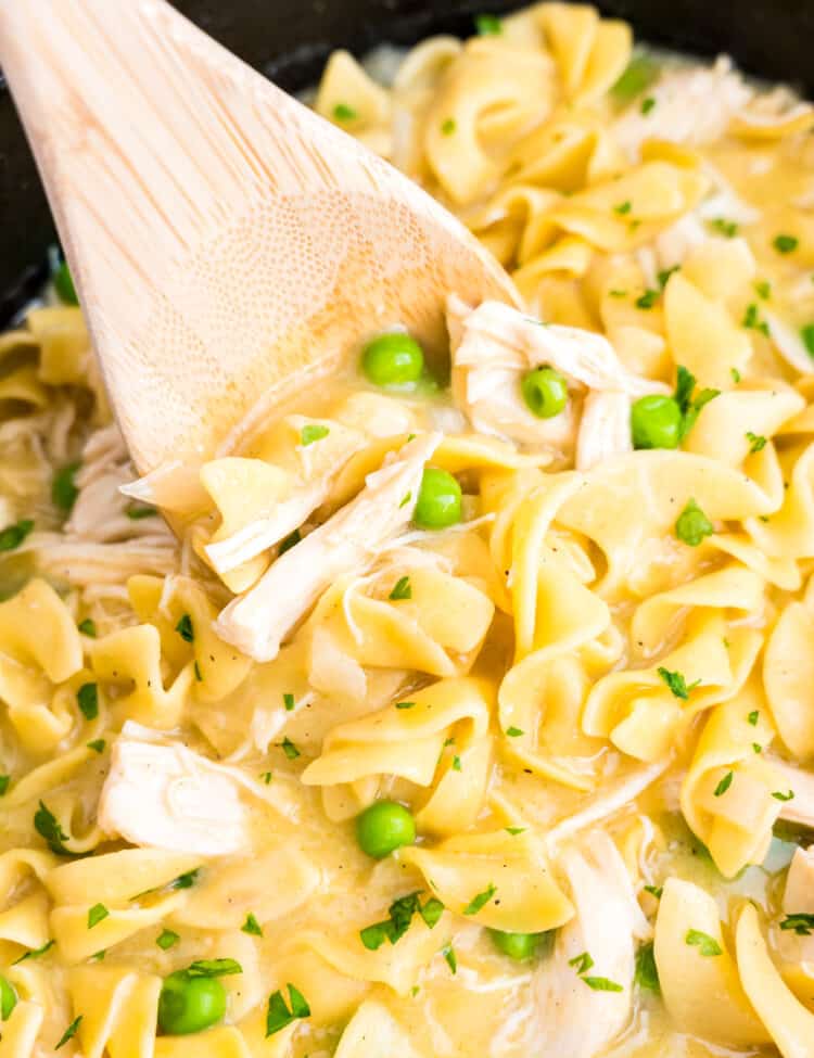 Wooden spoon scooping crockpot chicken and noodles out of crockpot