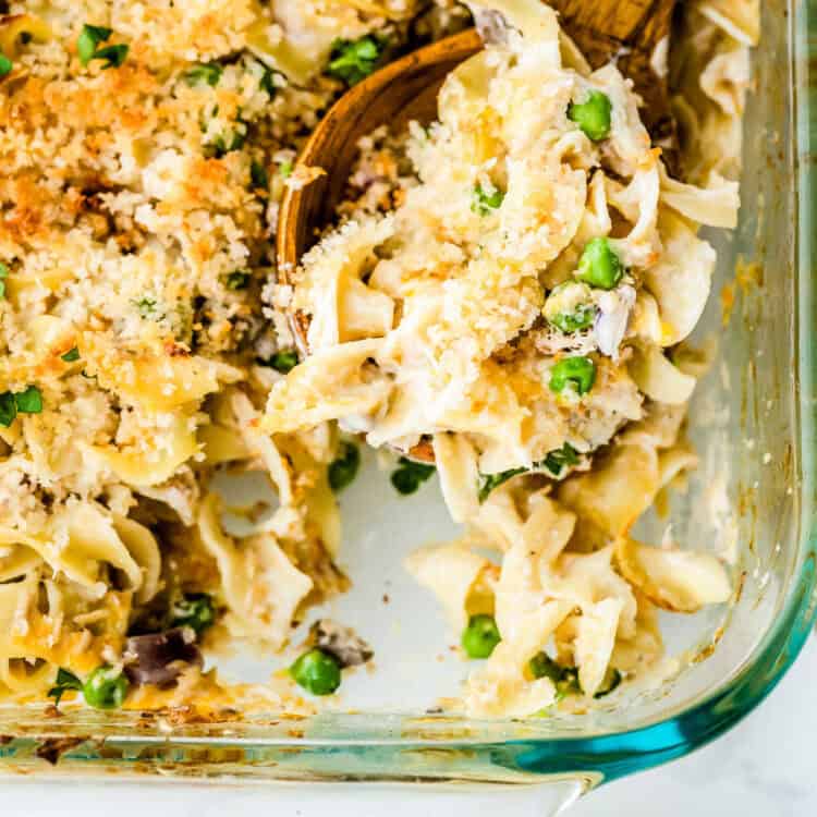 Tuna Casserole in pan with spoon
