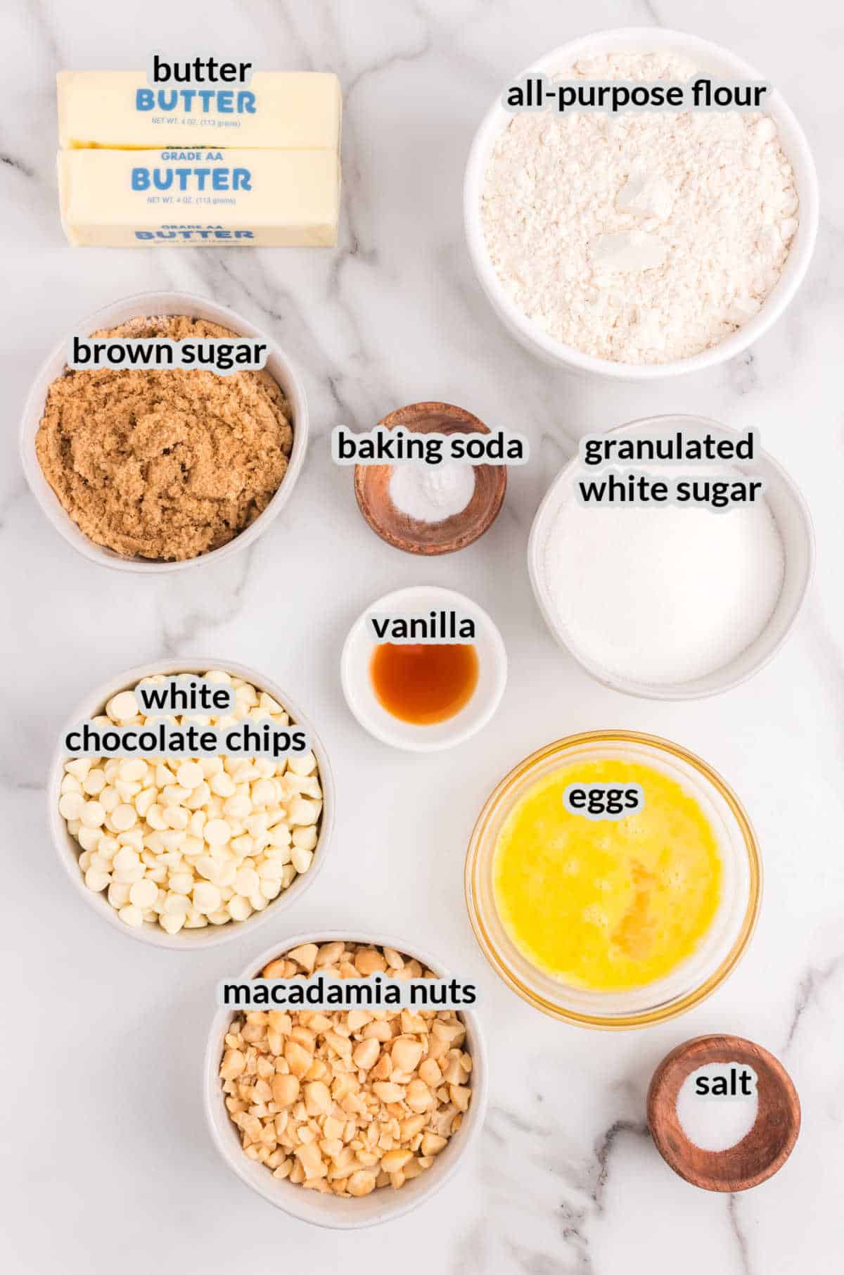 Overhead Image of White Chocolate Macadamia Nut Cookies Ingredients