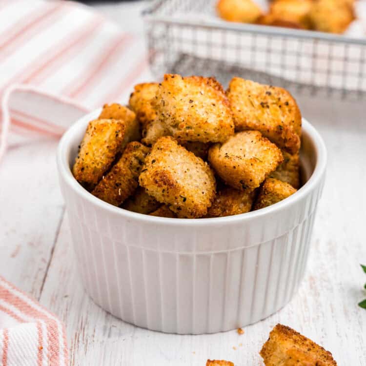 Closeup square image of Air Fryer Croutons in small serving bowl