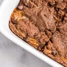 Chocolate Caramel Brownie in white baking dish
