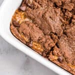 Chocolate Caramel Brownie in white baking dish