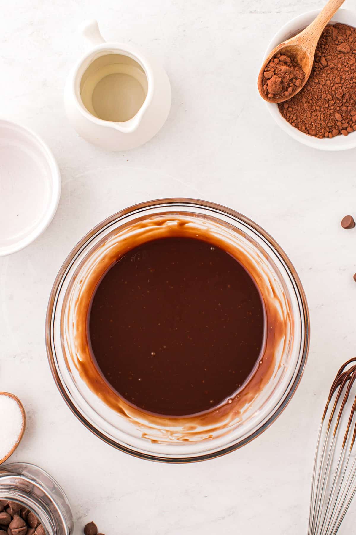 Prepared chocolate ganache in small bowl for Chocolate Thumbprint Cookies recipe