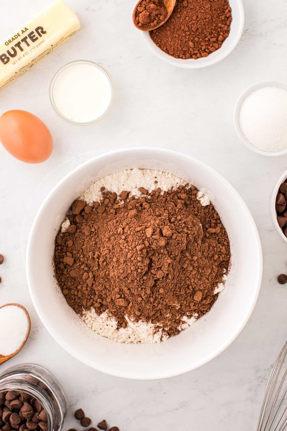 Dry ingredients for Chocolate Thumbprint Cookies recipe in mixing bowl