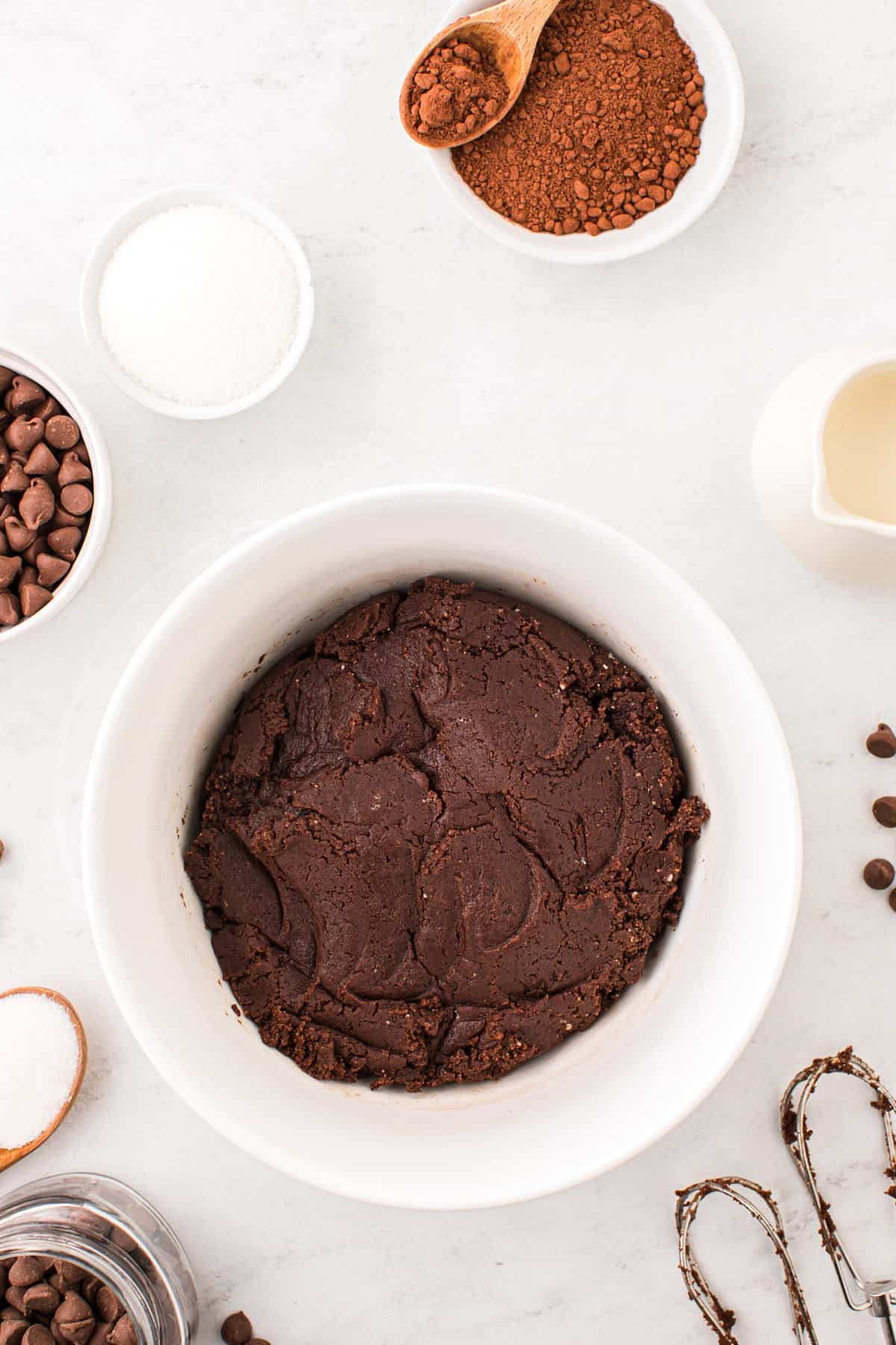 Mixed Chocolate Thumbprint Cookies dough in bowl