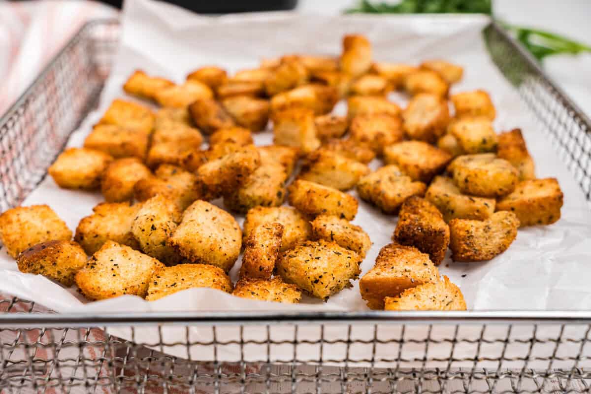 Air Fryer Croutons arranged in basket