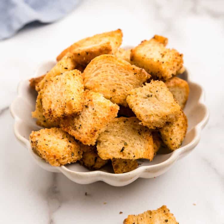 Closeup square image of Homemade Croutons in serving bowl