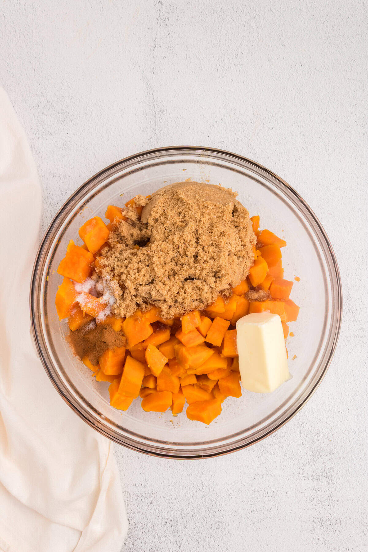 Overhead Picture of sweet potato casserole ingredients in it unmixed