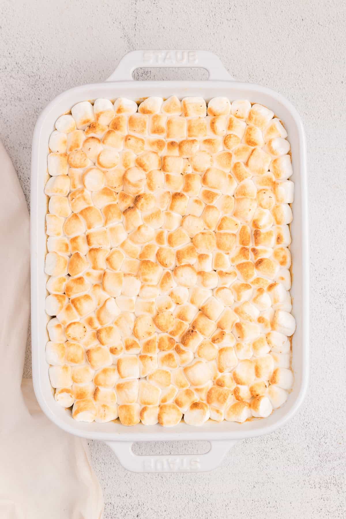 Overhead picture of white pan with baked casserole in it